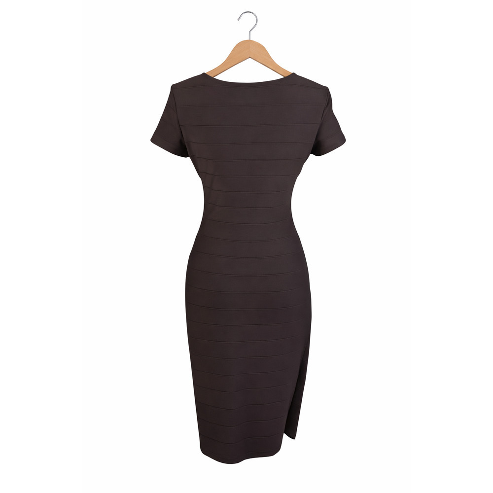 Joseph Ribkoff Ruched Sheath Dress Size 8 Bodycon Short Sleeve Brown Cocktail - Picture 4 of 10